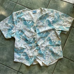 VTG 80s 90s Crest SoftWear Light Blue Abstract Button Front Scrub Top